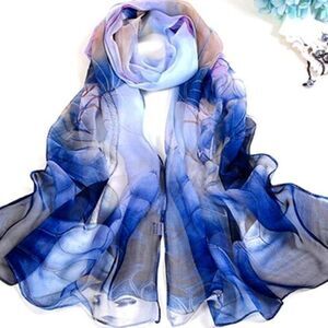 Womens Gorgeous Faux Silk Floral Light - Dark Blues Design Extra Long Scarf